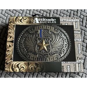 Montana Silversmiths 'HONOR COURAGE' ATTITUDE Police BELT BUCKLE Blue Line LEO